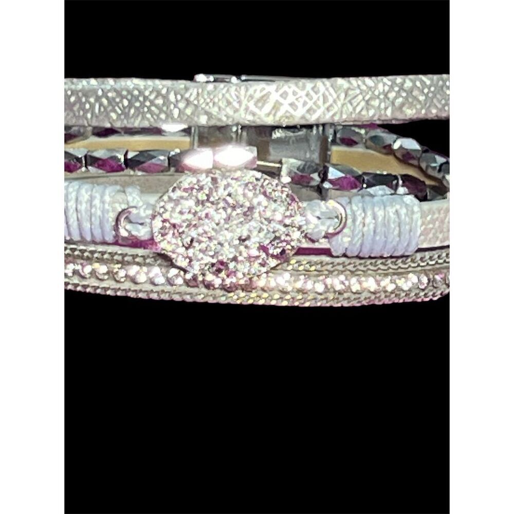 Boho Leather Wrap Bracelet with Rhinestones and Magnetic Clasp - Picture 12 of 13
